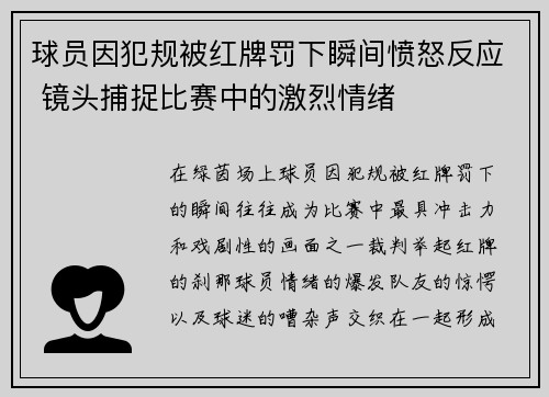 球员因犯规被红牌罚下瞬间愤怒反应 镜头捕捉比赛中的激烈情绪